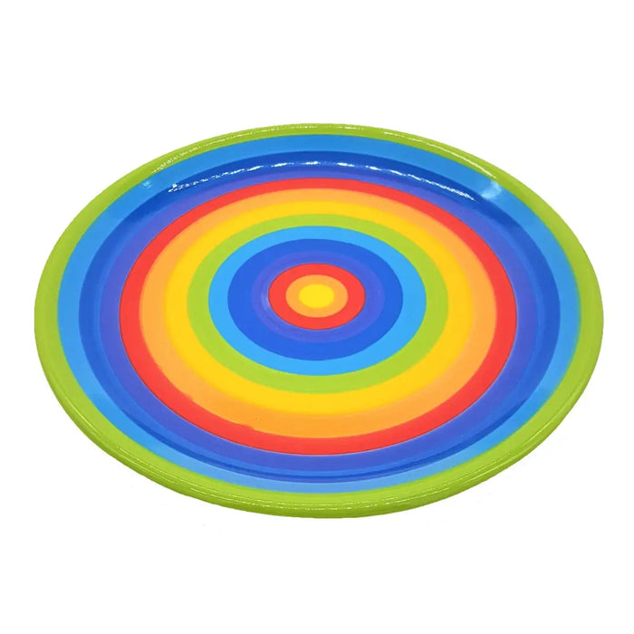 Vibrant rainbow-colored circular plate with concentric rings in multiple sizes for versatile table settings
