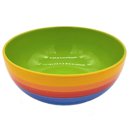 Rainbow salad bowl 20cm with vibrant rainbow stripes and a glossy green ceramic interior for serving salads