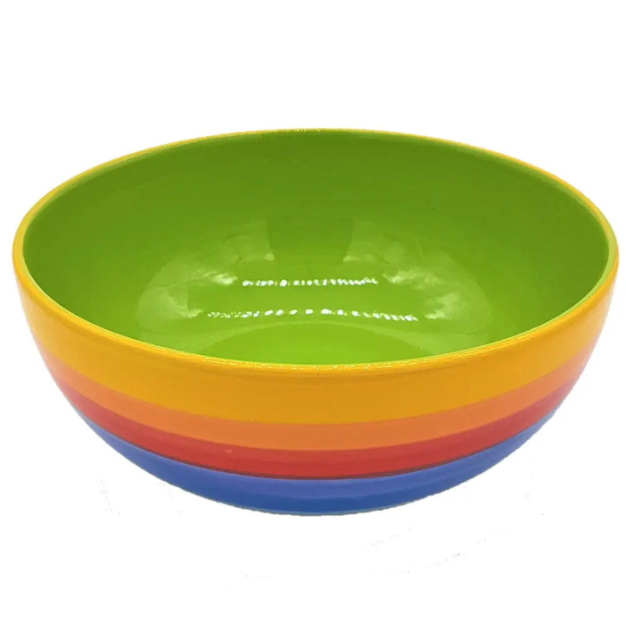 Rainbow salad bowl 20cm with vibrant rainbow stripes and a glossy green ceramic interior for serving salads