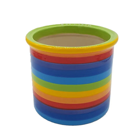 Rainbow utensil jar made of ceramic with glossy finish and vibrant horizontal rainbow-colored stripes