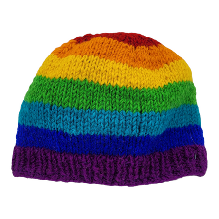 Rainbow wool beanie hat with vibrant knitted horizontal stripes in red orange yellow green blue and purple for adults