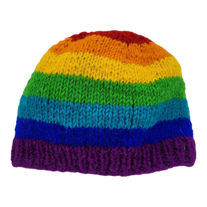 Rainbow wool beanie hat with vibrant knitted horizontal stripes in red orange yellow green blue and purple for adults