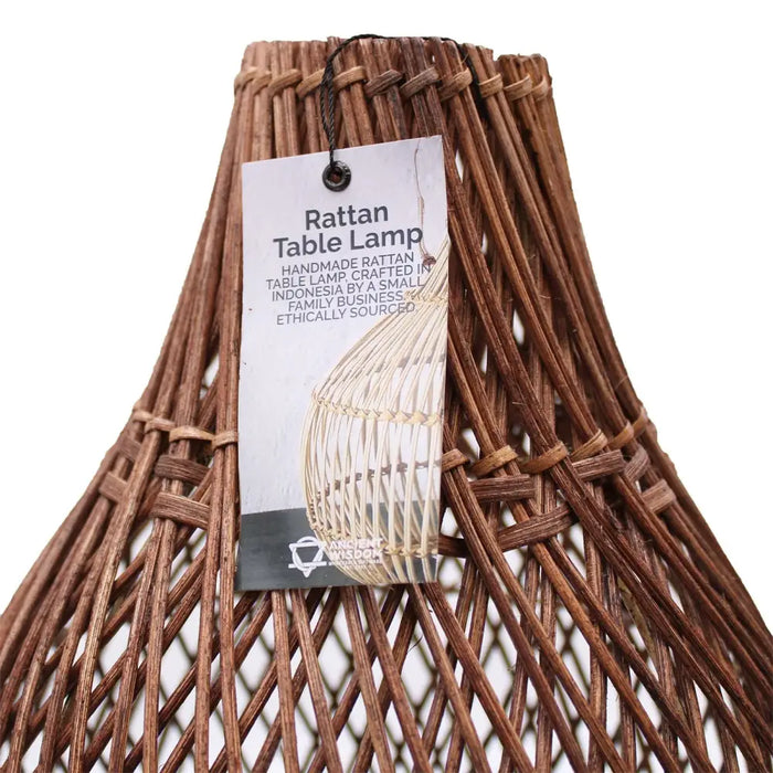 Handwoven dark brown rattan table lamp shade with a conical design made of natural rattan and plug fitting