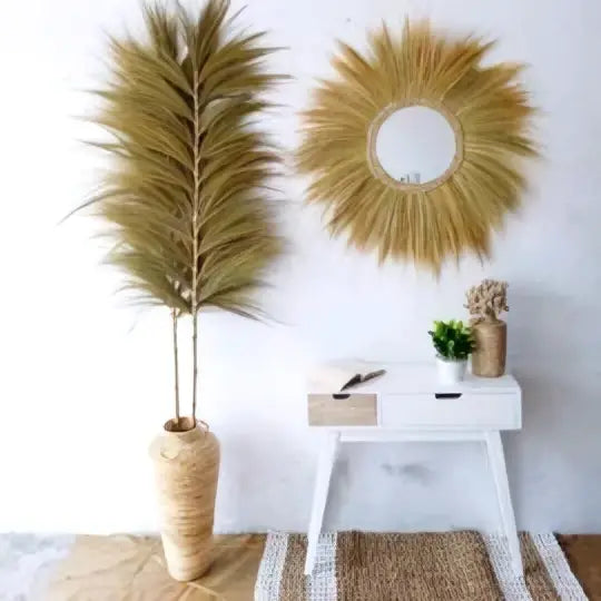 Tall golden rayung grass palm plant in a textured woven blond vase set of 3 measuring 2m