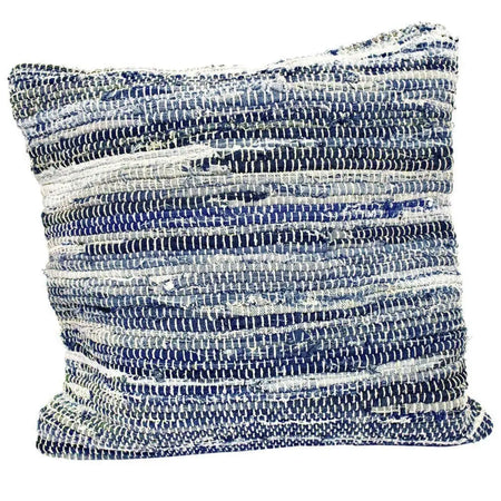Blue and white striped chindi rag cushion cover with textured rustic fabric for standard cushions in denim blues style