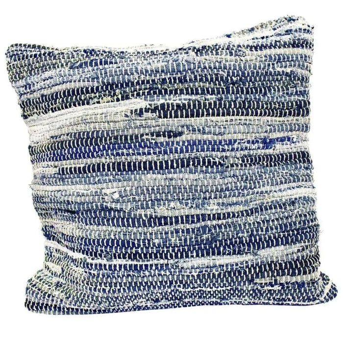 Blue and white striped chindi rag cushion cover with textured rustic fabric for standard cushions in denim blues style