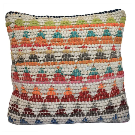 Multicolored recycled chindi rag cushion cover with textured patchwork stripes and geometric patterns for standard cushions