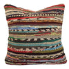 A colorful handwoven recycled chindi rag cushion cover with earthy and vibrant horizontal stripes for standard cushions