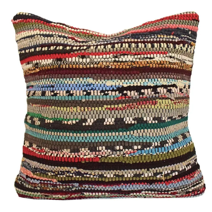 A colorful handwoven recycled chindi rag cushion cover with earthy and vibrant horizontal stripes for standard cushions
