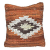 A square handwoven recycled leather rag aztec cushion cover in terracotta with white and dark brown geometric medallion on standard cushion