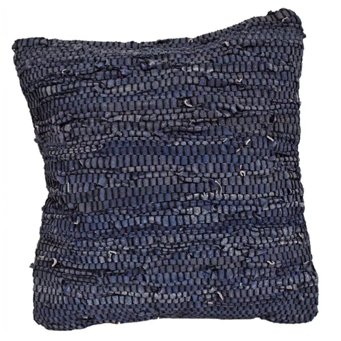 Dark blue woven standard cushion with textured rustic look made from recycled leather rag material