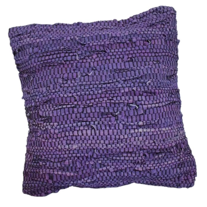 Purple woven standard cushion with chunky knit texture paired with recycled leather rag cushion cover in two colours
