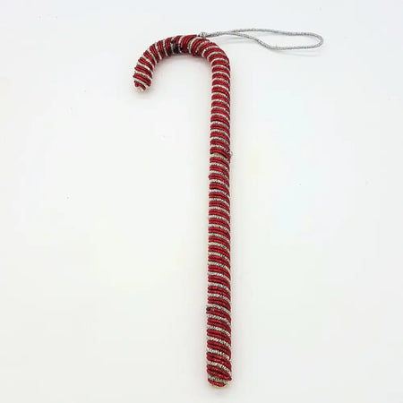 Red and silver candy cane hanging decoration with twisted beaded texture made of striped ornament material
