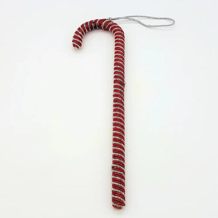 Red and silver candy cane hanging decoration with twisted beaded texture made of striped ornament material