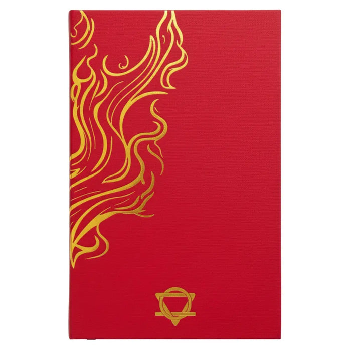Red wellness journal with red hardcover, gold foil flame design, and small geometric emblem on 120 pages