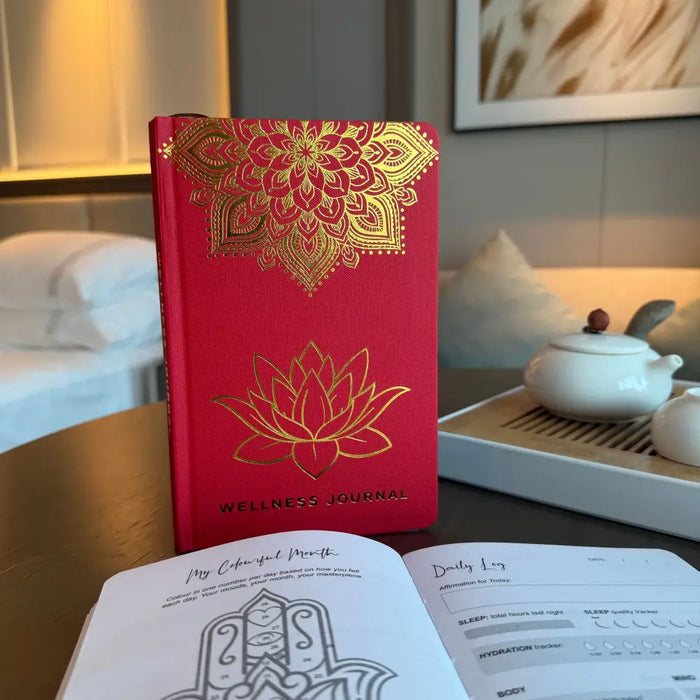 Red wellness journal with gold mandala and lotus designs on the cover featuring 120 pages for wellness tracking
