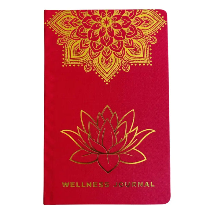Red wellness journal with gold foil mandala and lotus design on a red cover with 120 pages