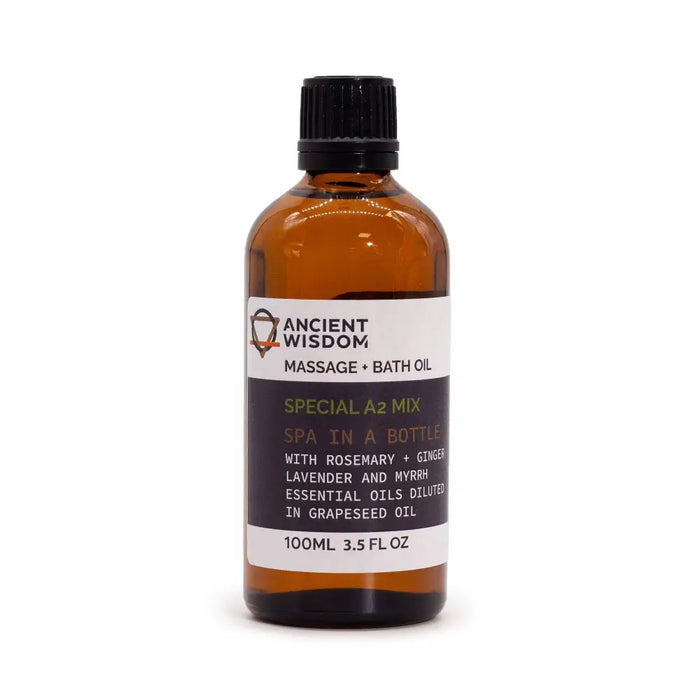 A 100ml amber glass bottle of regenerate special a2 massage oil with black ribbed cap and essential oils label