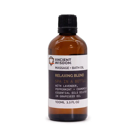 A 100ml amber glass bottle of relaxing massage oil with essential oils and a black ribbed cap and white label