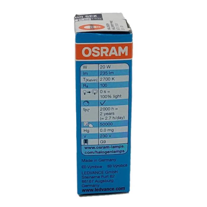 Blue and orange cardboard box for osram 20w halogen lamp g9 base for use with electric oil burners