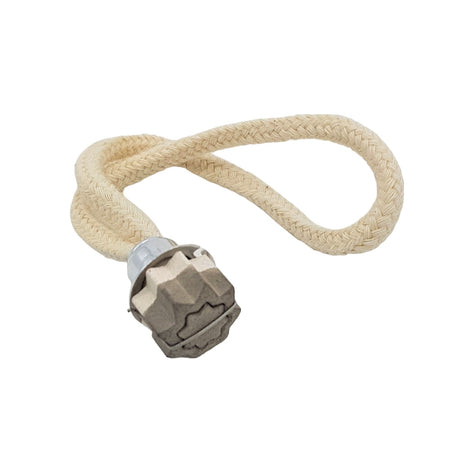 Beige braided cotton replacement wick with metallic faceted cap for colony perfume lamps close-up on white background
