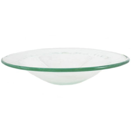 Clear glass dish with subtle green rim and faint etched patterns for use as a replacement glass dish for oil burner