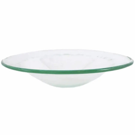 Clear glass dish with subtle green rim and faint etched patterns for use as a replacement glass dish for oil burner