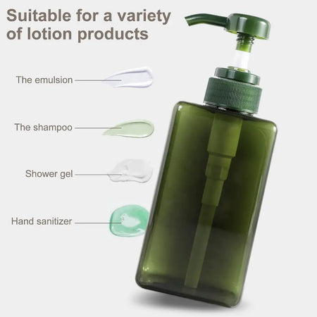 Olive-green translucent plastic reusable dispenser bottle with matching green pump 280ml for lotion or liquid use