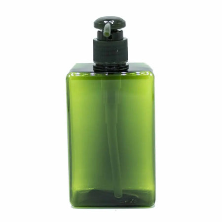 A translucent green reusable dispenser bottle made of plastic with a black pump dispenser and 280ml capacity