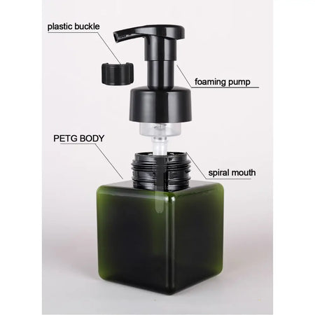 Olive-green reusable foam dispenser bottle made of petg with a black foaming pump and plastic buckle, 250ml capacity