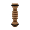 Light brown wooden ribbed foot roller with segmented spiral design and black rubber rings for foot massage