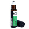 A sleek amber glass roll-on bottle with white cap and black label showing an essential oil blend cheer up by ancol wisdom