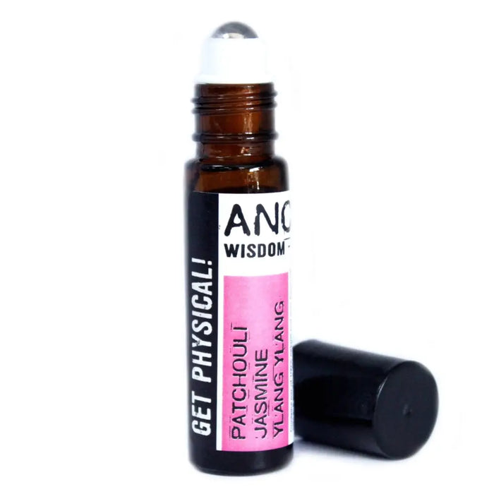 A sleek amber glass roll on essential oil blend bottle with white cap black label and patchouli jasmine ylang ylang scent
