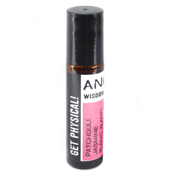 Black roll on essential oil bottle with pink and white anya wisdom label featuring patchouli jasmine ylang ylang oil blend