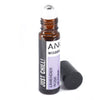 A sleek amber glass roll on bottle with black cap and silver rollerball containing just chill essential oil blend by ance wisdom