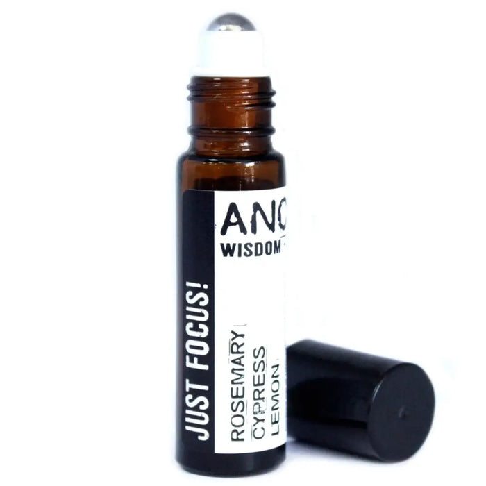 A sleek amber glass roll-on essential oil blend bottle with a white label black cap by anc wisdom called just focus