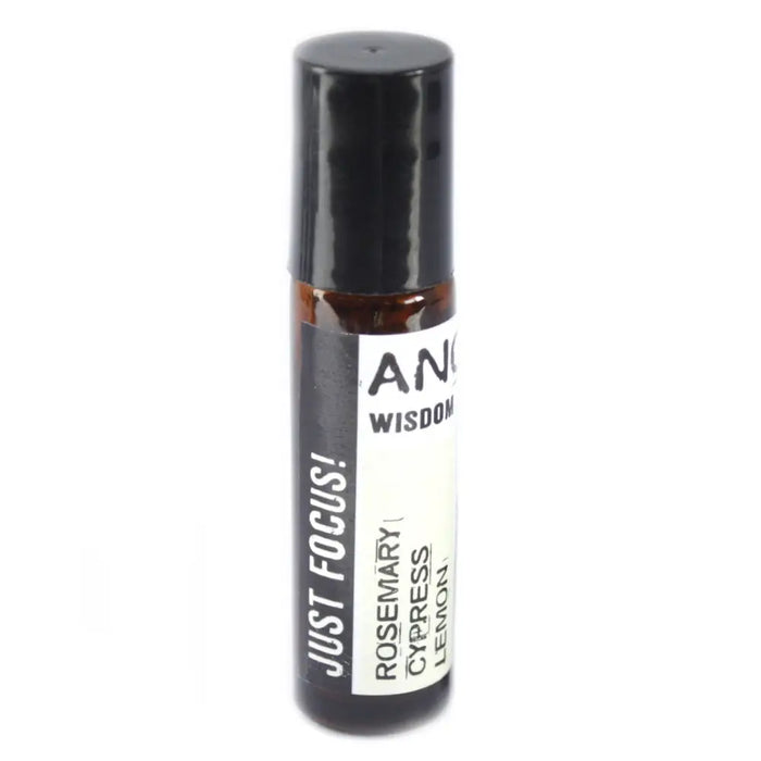 Black roll on essential oil blend bottle with white text label showing just focus rosemary cypress lemon scent blend