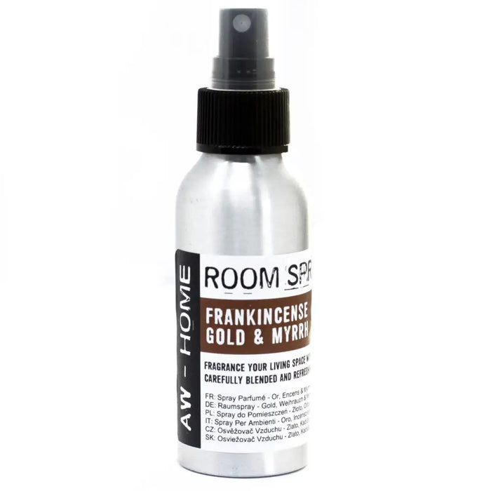 Silver aluminum room spray bottle with black cap designed for 100ml gold frankincense and myrrh by aw-home