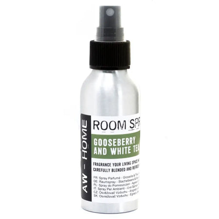 Silver aluminum room spray bottle with black cap and green white label designed for 100ml gooseberry and white tea use