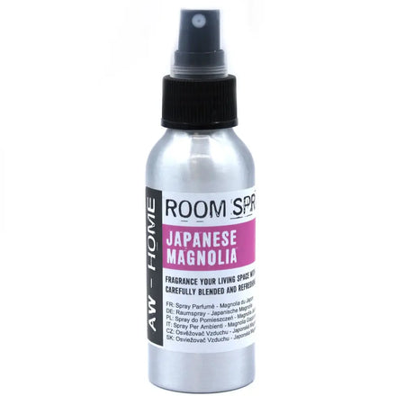 Silver metallic 100ml room spray bottle with black cap and pink japanese magnolia label designed for fresh scent