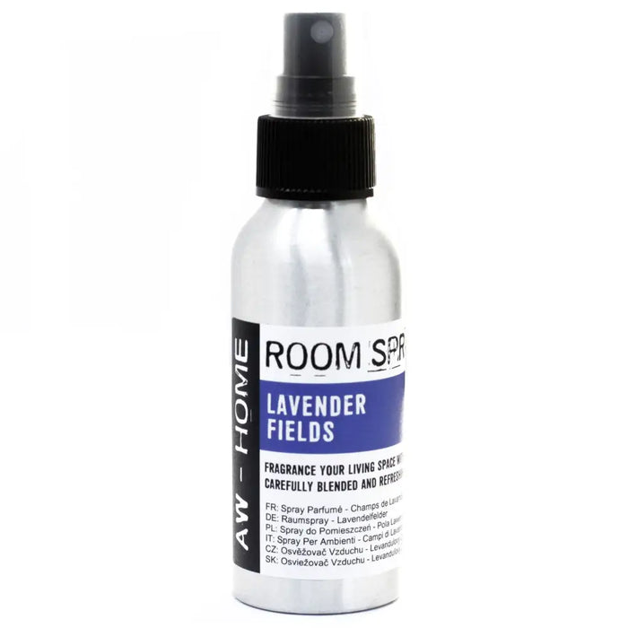 Silver aluminum room spray bottle with black cap labeled aw-home lavender fields 100ml for freshening rooms