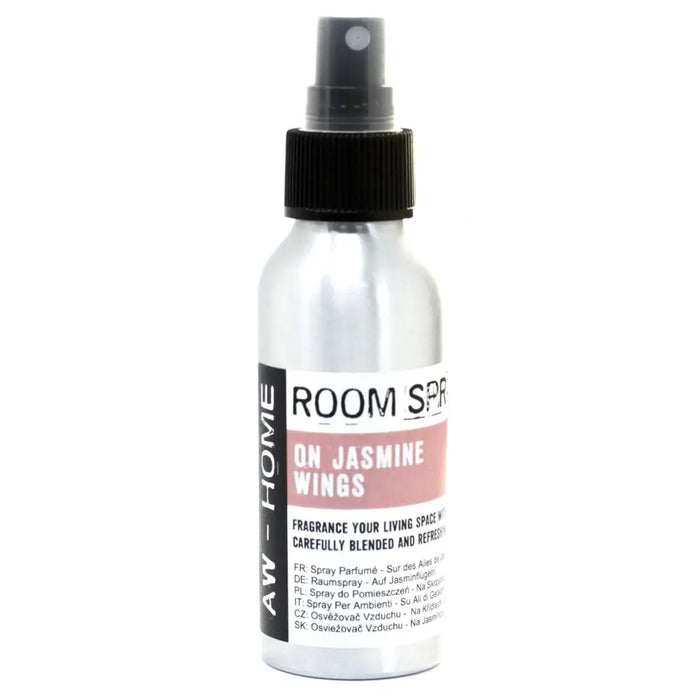 Silver aluminum room spray bottle with black cap designed for 100ml jasmine wings scent by aw home