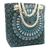 Black canvas beach tote with teal white mandala pattern and cream rope handles called rope-handled mandala bag deep blue
