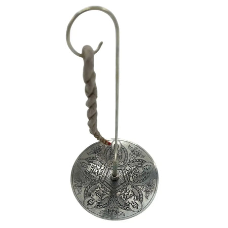 Silver plated pancha buddha wind chime with engraved figures floral patterns and twisted rope handle