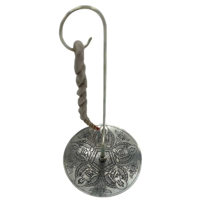 Silver plated pancha buddha wind chime with engraved figures floral patterns and twisted rope handle