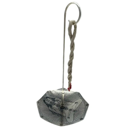 Silver plated octagonal candle holder with engraved seven chakras figure and twisted rope handle for tantra yoga use