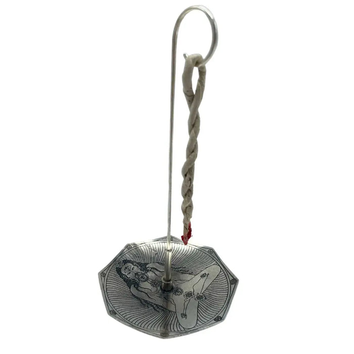 Silver plated octagonal candle holder with engraved seven chakras figure and twisted rope handle for tantra yoga use