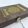 Brown textured rope incense burner box with gold foil flower of life lettering and circular geometric design