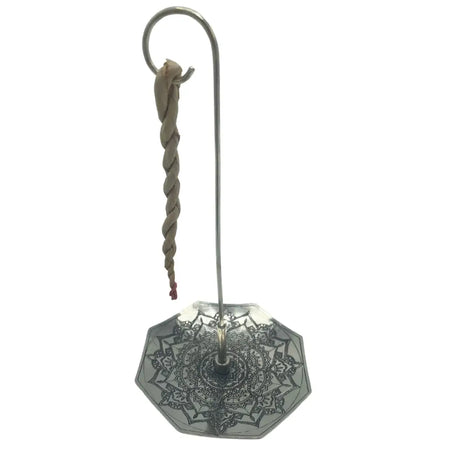 Silver-plated octagonal incense burner with mandala flower engraving and twisted rope on a curved metal stand
