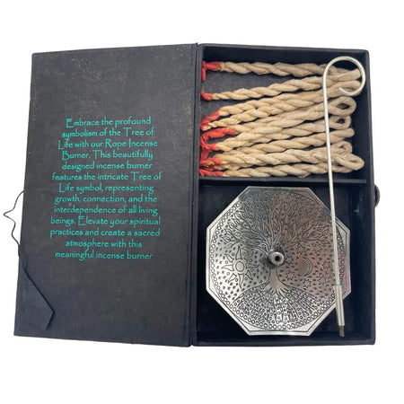 Silver-plated octagonal incense burner with intricate tree of life design in rope incense and silver holder set
